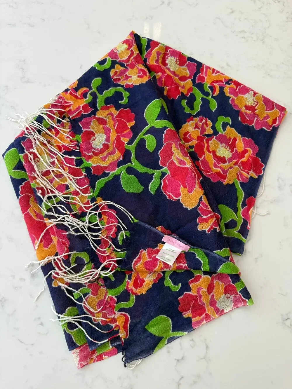 Lilly Pulitzer Silk Cashmere Blend Floral Fringe Wrap Scarf Purple Pink 74x29